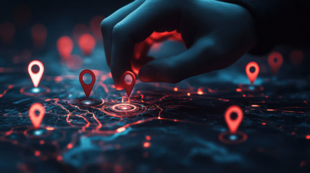 A close-up view of a hand placing a location pin onto a digital map interface, highlighting navigation technology, connectivity, and modern exploration in vivid colors.の素材