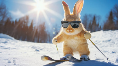 A cute bunny wearing sunglasses skis down a snowy slope, capturing the joy of winter sports on a bright sunny day against a stunning mountain backdrop.の素材