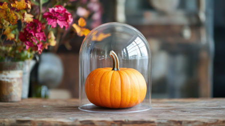 A stunning pumpkin displayed under a glass dome captures the essence of autumn, surrounded by vibrant flowers and natural light, ideal for seasonal decoration and inspiration.の素材