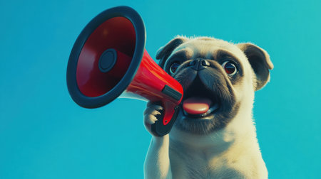 This adorable pug puppy captures attention while holding a red megaphone, radiating playful charm against a bright blue backdrop, perfect for showcasing pet personality.の素材