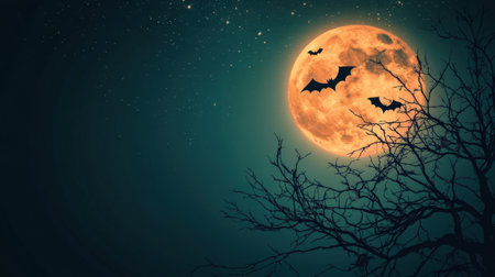 A hauntingly beautiful scene featuring a glowing full moon, flying bats, and a silhouetted tree against a deep blue starry sky. Ideal for Halloween and autumn projects.の素材