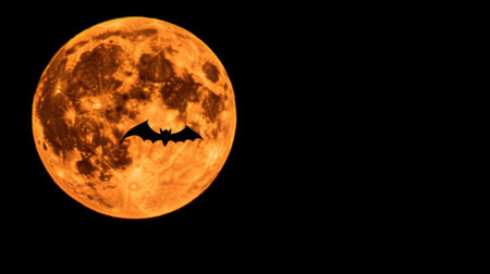 A striking image showcasing a large orange moon with a silhouetted bat flying across the night sky, creating a captivating and spooky atmosphere perfect for Halloween.の素材