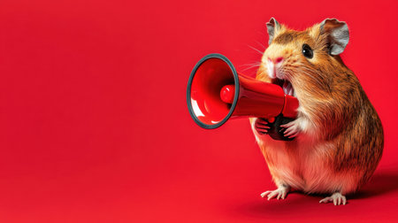 Adorable hamster with a bright red megaphone on a vivid red background, showcasing playfulness and creativity, ideal for fun projects and marketing materials.の素材