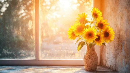 A stunning bouquet of sunflowers in a rustic vase bathed in golden sunlight, beautifully framing the scene through a window, perfect for home decor or nature enthusiasts.の素材