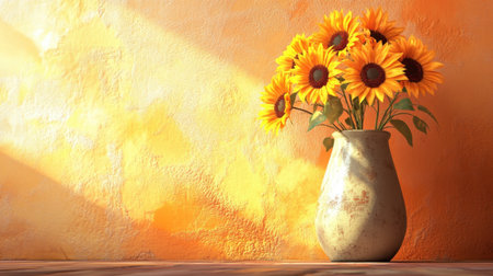 A beautiful arrangement of sunflowers in a textured vase, set against a warm orange wall, creates a cheerful and inviting atmosphere, perfect for home decor or seasonal themes.の素材