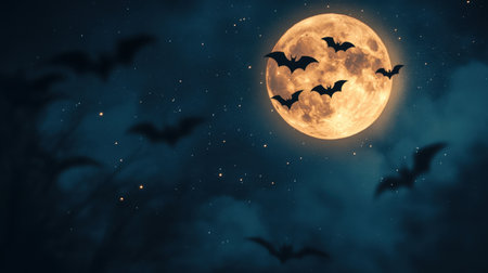 A captivating night scene featuring a full moon with silhouetted bats flying across the sky, perfect for evoking a mysterious or spooky mood during autumn celebrations.の素材