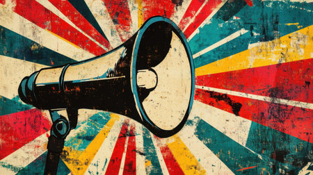 A vibrant vintage megaphone set against a colorful grunge background with dynamic rays of light, ideal for concepts related to announcements, promotions, and creative projects.の素材