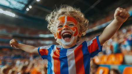 A cheerful child in a colorful jersey with face paint celebrates a sports victory in a lively stadium, capturing the essence of joy and youthful enthusiasm amid a passionate crowd.の素材