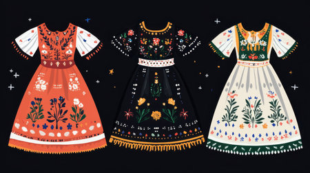 A beautiful collection of three traditional dresses adorned with intricate floral embroidery, set against a striking black background, celebrating cultural heritage and artistry.の素材