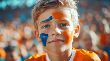 Young boy sporting orange and blue face paint, radiates joy and enthusiasm at a lively sports event, surrounded by an energized crowd celebrating their favorite team.の素材