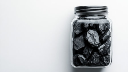 A glass jar filled with dark black rocks sits against a minimalistic light backdrop, ideal for projects focusing on nature, design, and elemental beauty in photography.の素材