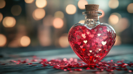 A heart-shaped glass bottle filled with shimmering red and silver confetti hearts, set on a rustic wooden table with dreamy bokeh lights creating a warm and romantic atmosphere.の素材