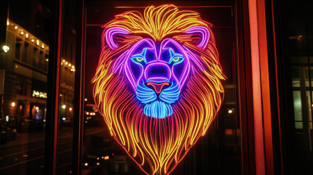 A captivating neon lion artwork illuminates an urban space with vibrant colors, creating a striking visual expression of artistry and contemporary design that attracts attention.の素材