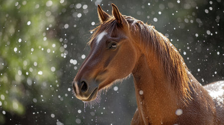 A stunning portrait of a horse captured with sparkling water droplets around it, showcasing the beauty and elegance of wildlife in its natural habitat.の素材