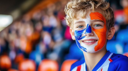 A cheerful boy with artistic face paint expresses pure joy at a spirited sports event, radiating enthusiasm and support for his favorite team amid a lively crowd.の素材