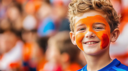 A smiling young boy with orange face paint shows his support at a lively sports event, reflecting joy and enthusiasm amidst a vibrant, cheering crowd.の素材