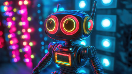 A charming retro robot character with vibrant colors and expressive eyes, set against a backdrop of glowing neon lights, immersing viewers in a playful digital atmosphere.の素材
