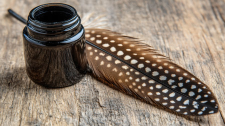 This image features a black ink bottle alongside a beautifully patterned brown feather, set against a rustic wooden background, perfect for themes of vintage writing and creativity.の素材