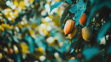 This stunning image showcases a cluster of ripe yellow and orange fruits hanging from lush green plants, beautifully illuminated by sunlight, emphasizing nature's richness and beauty.の素材