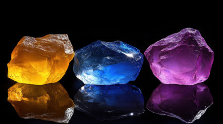 A striking image of three colorful crystals in yellow, blue, and purple hues reflecting light. The vibrant stones are set against a dark background, showcasing their beauty and shine.の素材