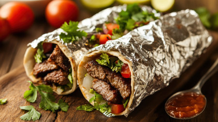 Indulge in this mouthwatering grilled beef burrito wrapped in foil, featuring fresh vegetables, herbs, and a zesty side, perfect for any meal.の素材
