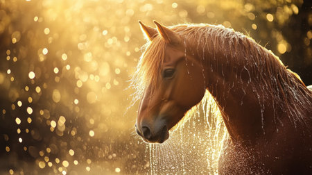 A striking silhouette of a horse glistening with water droplets set against a soft golden backdrop, capturing the essence of beauty and tranquility in nature.の素材