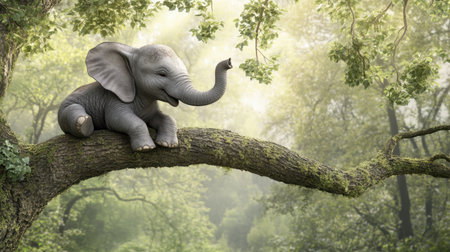 A charming baby elephant lounges on a tree branch in a peaceful forest setting, surrounded by vibrant green foliage and dappled sunlight, evoking feelings of joy and serenity.の素材
