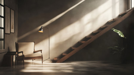 A modern interior scene showcasing bright sunlight filtering through windows, illuminating a cozy armchair and elegant lamp beside wooden stairs, creating a warm and inviting ambiance.の素材