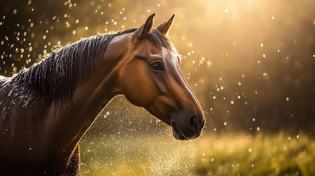 A stunning portrait of a brown horse captured against a golden backdrop, revealing glistening water droplets that enhance its majestic presence in a tranquil setting.の素材