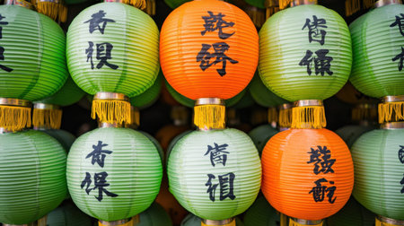 A captivating display of colorful lanterns featuring intricate calligraphy, creating a warm and festive atmosphere that embodies cultural celebration and tradition.の素材