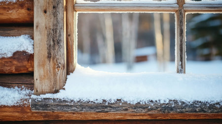 A charming view of a snow-covered cabin window frame showcasing the beauty of winter. Soft snowflakes rest on the wood, creating a tranquil and cozy rustic atmosphere.の素材