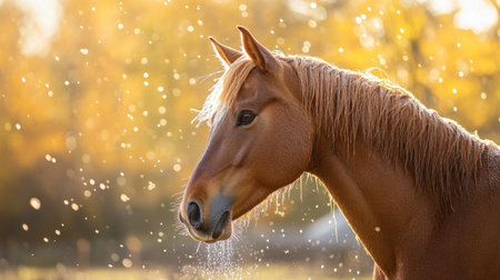 A stunning close-up of a brown horse standing gracefully against a backdrop of vibrant autumn colors, with sparkling water droplets creating an enchanting atmosphere.の素材