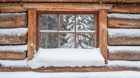 A charming snowy window framed by rustic logs, showcasing a serene winter landscape, perfect for conveying warmth and tranquility in a cozy cabin setting.の素材