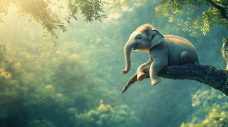 This charming image features a baby elephant perched on a tree branch, surrounded by lush greenery and soft sunlight, embodying serenity and the beauty of wildlife in nature.の素材