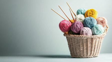 A beautifully arranged basket of colorful yarns and knitting needles, ideal for inspiring creativity in crafting projects and enhancing cozy home aesthetics.の素材