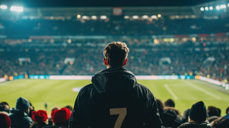 A passionate sports fan stands amidst a vibrant crowd, fully immersed in the thrilling atmosphere of a live soccer match, showcasing the pure excitement of the game.の素材