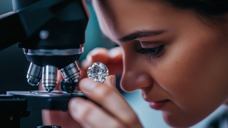 A close-up image showcases a dedicated scientist examining a diamond under a microscope, highlighting the intricate details and beauty of gemstones in scientific research.の素材