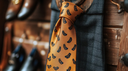 This image showcases an elegant orange tie adorned with a unique pattern, beautifully displayed on wooden decor in a modern men's fashion boutique setting.の素材