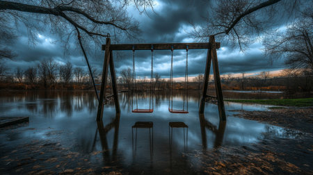 A captivating image of an empty swingset partially submerged in floodwaters, surrounded by dark clouds and bare trees, evoking feelings of solitude and nostalgia in a serene natural setting.の素材