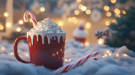 A beautiful red mug filled with whipped cream and a candy cane rests on soft snow, surrounded by glowing lights, creating a cozy, festive atmosphere perfect for winter celebrations.の素材
