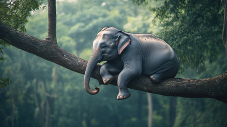 An adorable baby elephant lounges on a branch in a tranquil forest, surrounded by lush greenery. This whimsical wildlife scene captures the playful spirit of nature.の素材