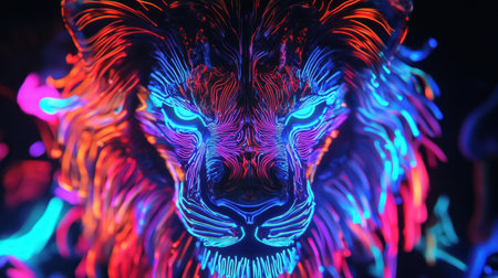 This stunning neon lion artwork features vibrant hues and intricate details, showcasing the power and majesty of wildlife in a modern, abstract style.の素材