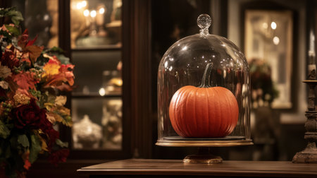 Captivating image of a bright orange pumpkin displayed under a glass bell jar, creating a warm and inviting atmosphere perfect for autumn-themed decor and festive occasions.の素材