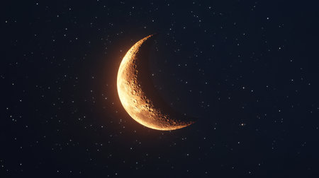Captivating crescent moon against a backdrop of twinkling stars creates a serene and peaceful atmosphere, perfect for nighttime imagery and celestial themes.の素材
