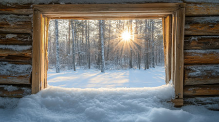 A picturesque view through a rustic window, framed by logs, showcasing a snowy forest landscape bathed in warm, golden sunlight, creating a tranquil winter atmosphere.の素材