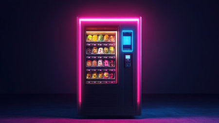 A vibrant and modern vending machine stands illuminated by neon lights, showcasing an array of colorful snacks and drinks in a stylish urban setting.の素材