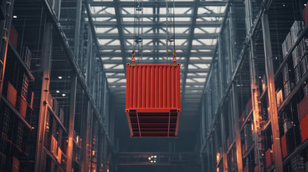 A striking red shipping container hangs from a crane in a modern warehouse, showcasing the dynamic and industrial nature of logistics and transportation processes.の素材