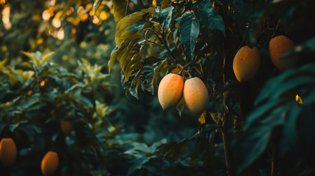 A beautiful view of a mango orchard at sunrise, featuring ripe yellow mangoes hanging from lush green branches, showcasing the vibrancy of summer's abundance.の素材