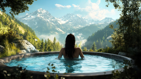 A serene woman enjoys a moment of relaxation in a hot tub, surrounded by breathtaking mountains and lush greenery, capturing the essence of tranquility and natural beauty.の素材