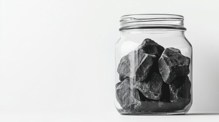 A charming display of black stones housed in a glass jar, set against a pristine white background, perfect for enhancing decor, artwork, or wellness themes.の素材
